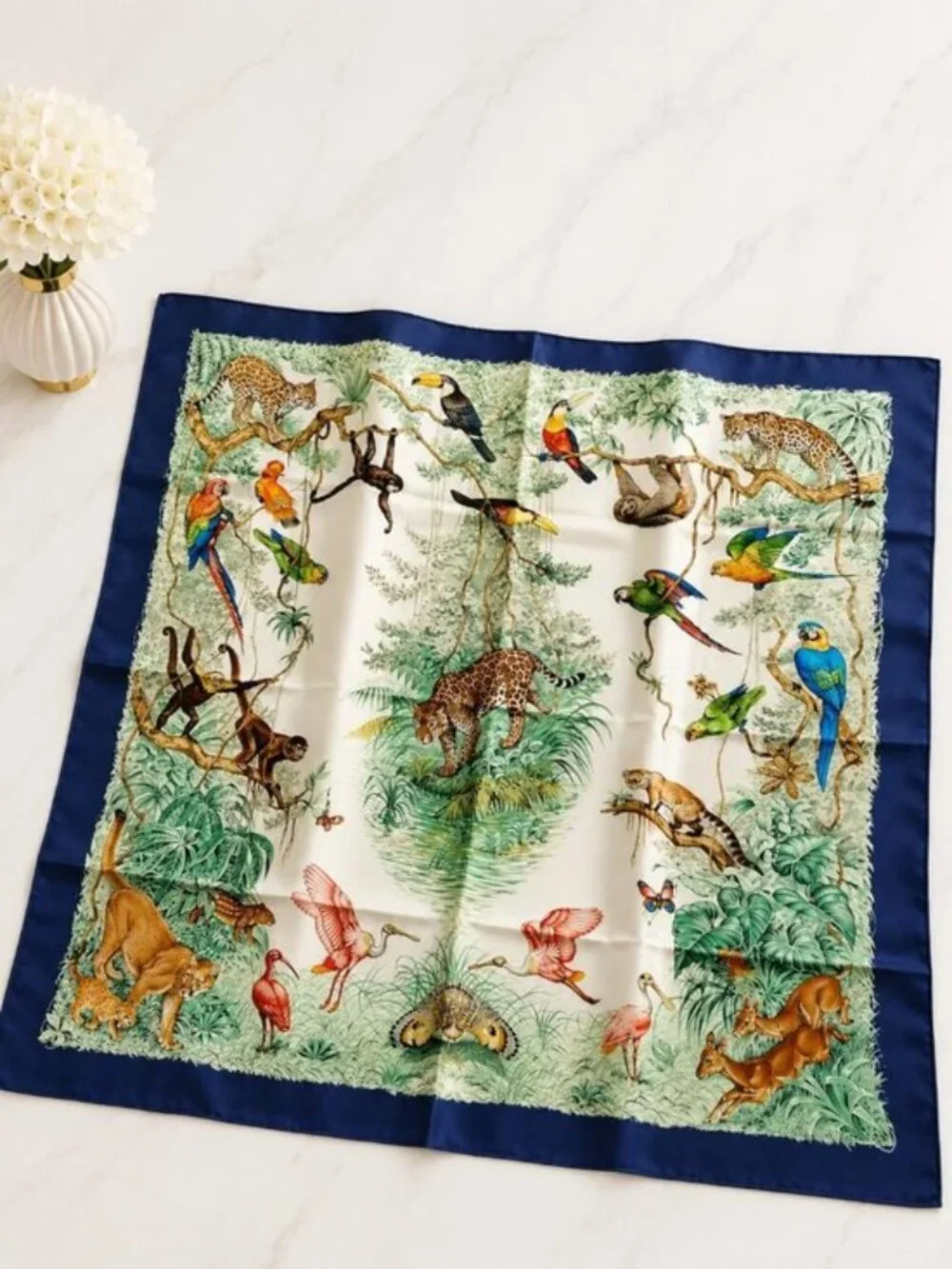 Authentic Hermès Equateur Carré 90 Silk Scarf Blue Jungle Wildlife